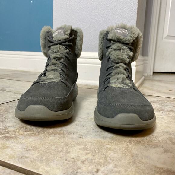 Skechers Boots 7.5 On The Go Winter Chill Gray Suede Leather Lace Up Ankle - Picture 4 of 11